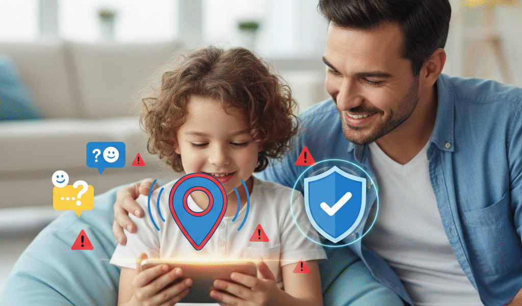 A father and child with safety icons around a glowing smartphone.