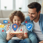 A father and child with safety icons around a glowing smartphone.
