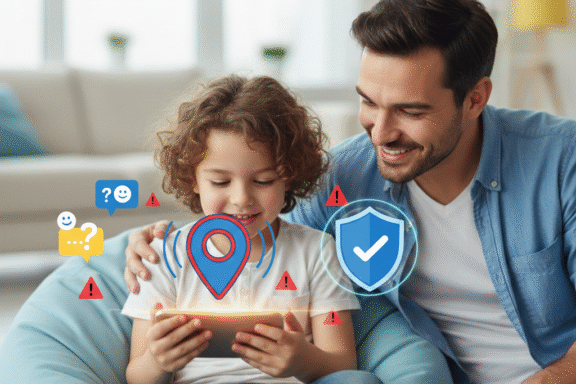 A father and child with safety icons around a glowing smartphone.
