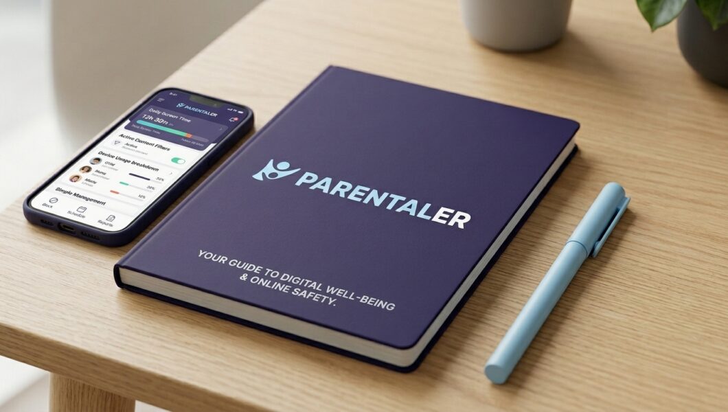 A dark blue book titled "PARENTALER" and "YOUR GUIDE TO DIGITAL WELL-BEING & ONLINE SAFETY" rests on a wooden table next to a smartphone displaying the "PARENTALER" app and a light blue pen.