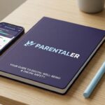 A dark blue book titled "PARENTALER" and "YOUR GUIDE TO DIGITAL WELL-BEING & ONLINE SAFETY" rests on a wooden table next to a smartphone displaying the "PARENTALER" app and a light blue pen.