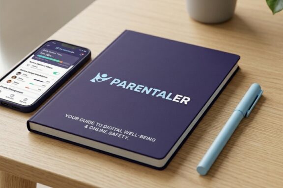 A dark blue book titled "PARENTALER" and "YOUR GUIDE TO DIGITAL WELL-BEING & ONLINE SAFETY" rests on a wooden table next to a smartphone displaying the "PARENTALER" app and a light blue pen.