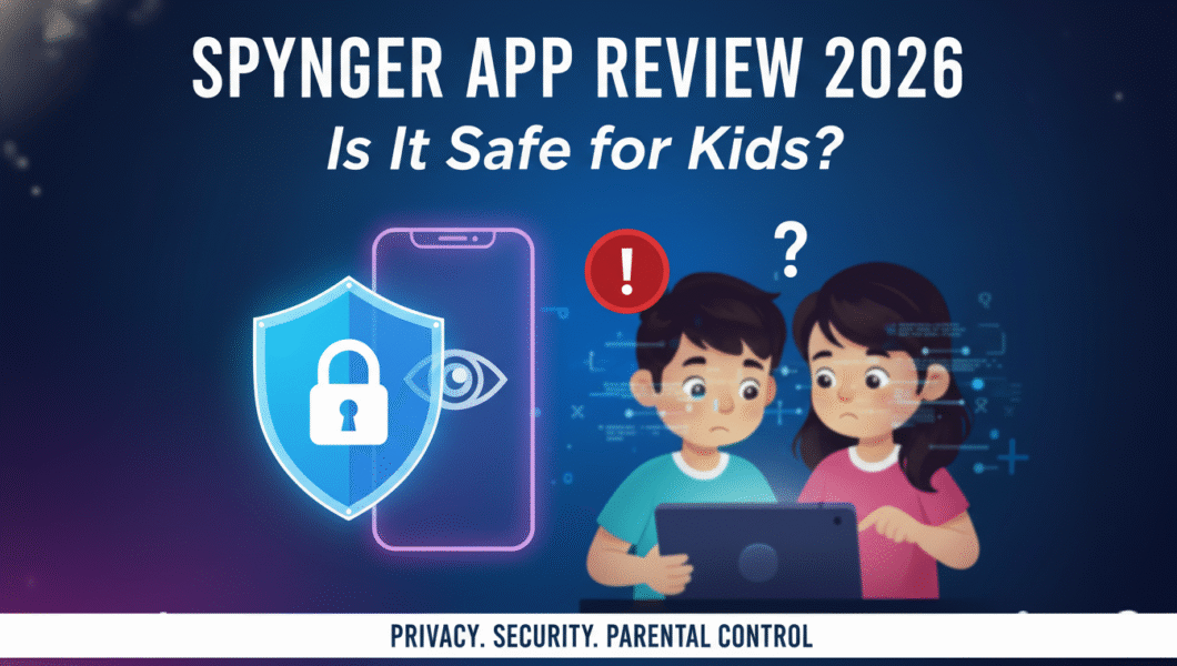 A shield with a lock, a phone with an eye, and two children looking at a laptop with a warning sign.
