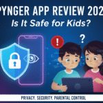 A shield with a lock, a phone with an eye, and two children looking at a laptop with a warning sign.