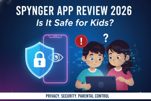A shield with a lock, a phone with an eye, and two children looking at a laptop with a warning sign.