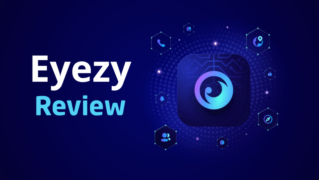 A dark blue background featuring the Eyezy app icon surrounded by digital icons and the text "Eyezy Review."