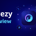 A dark blue background featuring the Eyezy app icon surrounded by digital icons and the text "Eyezy Review."