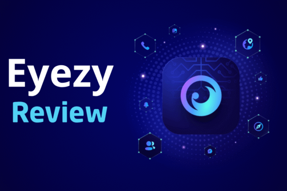 A dark blue background featuring the Eyezy app icon surrounded by digital icons and the text "Eyezy Review."