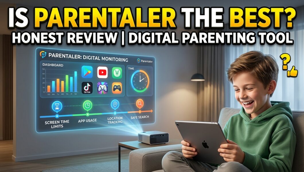 A boy laughs using a tablet as a projector displays Parentaler’s digital monitoring dashboard with screen time and location tracking.