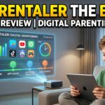 A boy laughs using a tablet as a projector displays Parentaler’s digital monitoring dashboard with screen time and location tracking.