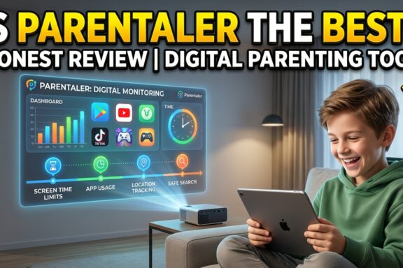 A boy laughs using a tablet as a projector displays Parentaler’s digital monitoring dashboard with screen time and location tracking.