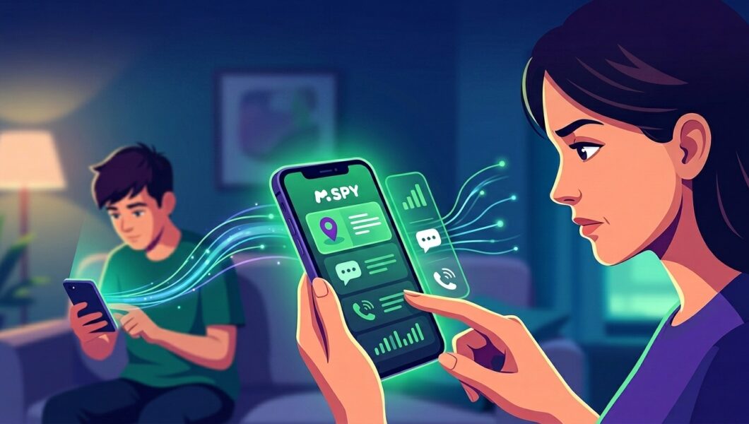 An illustration of a woman and a teenager sitting together while looking at a smartphone screen and smiling.