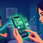 An illustration of a woman and a teenager sitting together while looking at a smartphone screen and smiling.