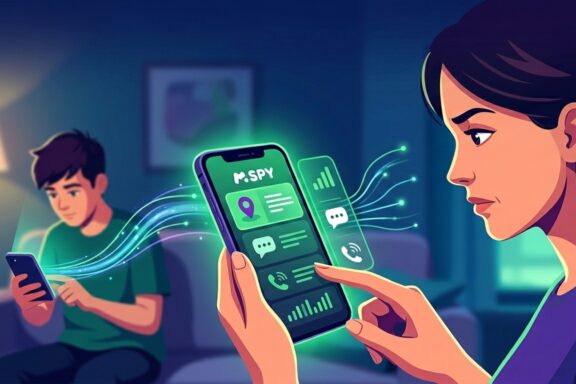 An illustration of a woman and a teenager sitting together while looking at a smartphone screen and smiling.