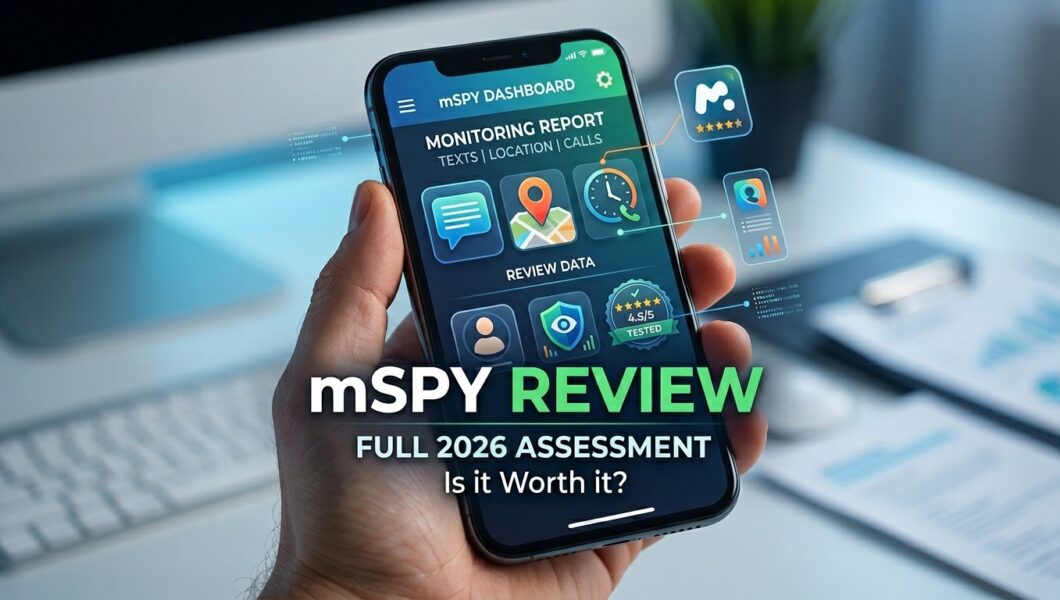 Smartphone displaying mSpy dashboard with monitoring features, bold “mSpy Review 2026” text, highlighting tracking, messages, and location tools