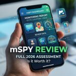 Smartphone displaying mSpy dashboard with monitoring features, bold “mSpy Review 2026” text, highlighting tracking, messages, and location tools