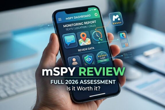Smartphone displaying mSpy dashboard with monitoring features, bold “mSpy Review 2026” text, highlighting tracking, messages, and location tools