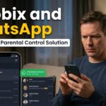 A man looks concerned while using a phone, next to text about uMobix and WhatsApp parental control solutions.