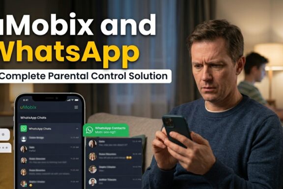 A man looks concerned while using a phone, next to text about uMobix and WhatsApp parental control solutions.