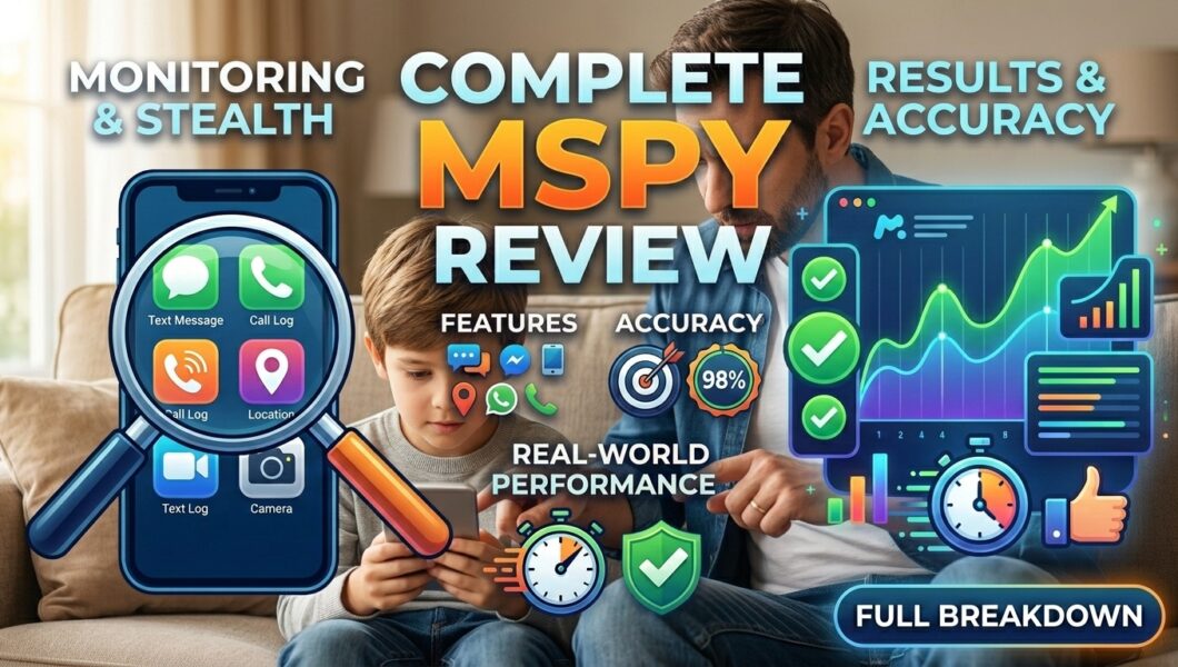 A young boy look at a smartphone screen next to graphics showing mobile app features, charts, and text reading "Complete mSpy Review."