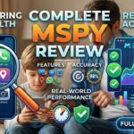 A young boy look at a smartphone screen next to graphics showing mobile app features, charts, and text reading "Complete mSpy Review."