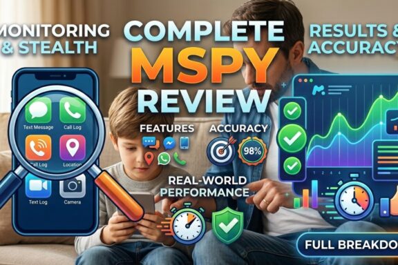 A young boy look at a smartphone screen next to graphics showing mobile app features, charts, and text reading "Complete mSpy Review."