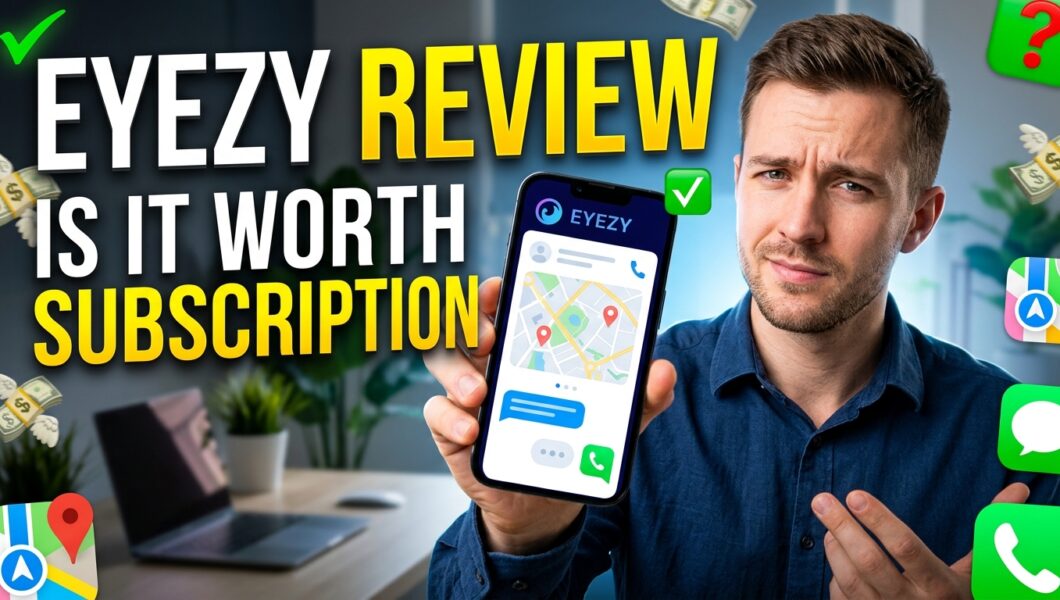 Eyezy review a man holding a phone displaying tracking features and app icons.