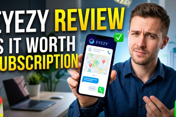 Eyezy review a man holding a phone displaying tracking features and app icons.