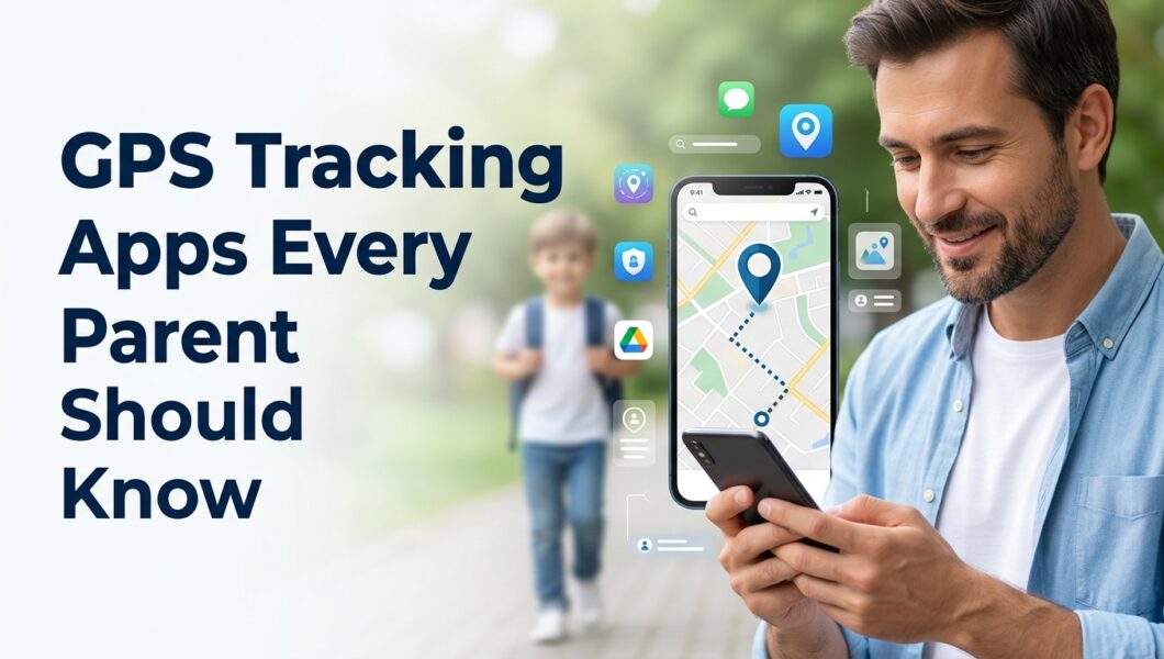 A man smiles while using a smartphone showing a map, with digital app icons floating around it and a blurred child walking in the background.