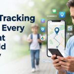 A man smiles while using a smartphone showing a map, with digital app icons floating around it and a blurred child walking in the background.