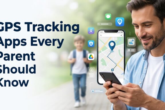 A man smiles while using a smartphone showing a map, with digital app icons floating around it and a blurred child walking in the background.
