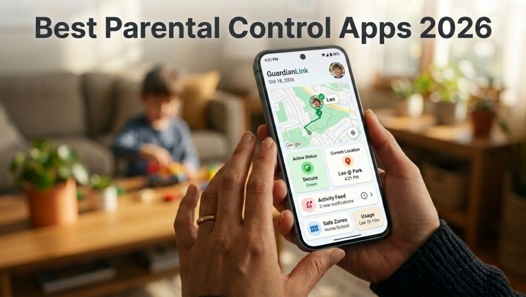 A hand holds a smartphone displaying a parental control app map, with a blurred child playing in the background.