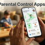 A hand holds a smartphone displaying a parental control app map, with a blurred child playing in the background.