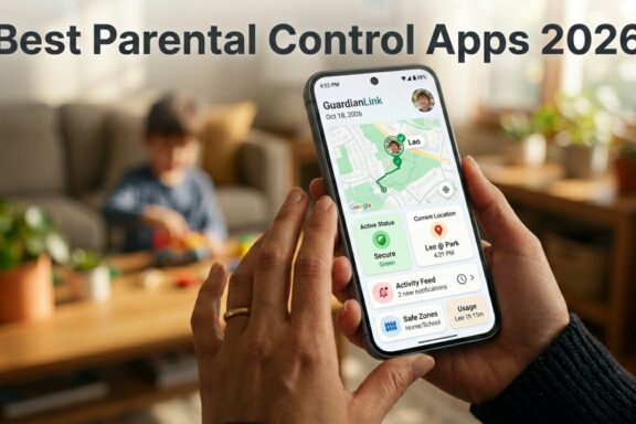 A hand holds a smartphone displaying a parental control app map, with a blurred child playing in the background.