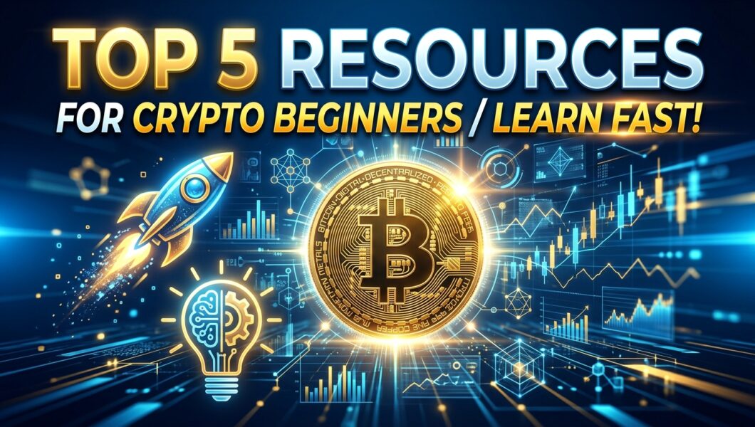 "TOP 5 RESOURCES FOR CRYPTO BEGINNERS / LEARN FAST!" with a golden Bitcoin graphic.