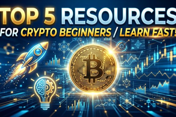 "TOP 5 RESOURCES FOR CRYPTO BEGINNERS / LEARN FAST!" with a golden Bitcoin graphic.