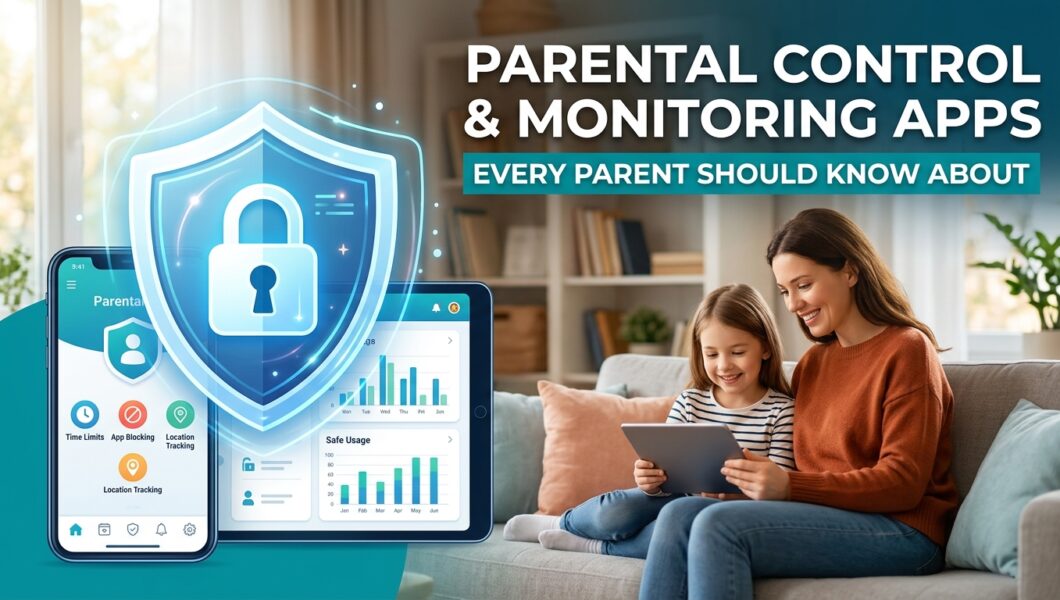Parent using a parental control and monitoring app to protect a child's smartphone activity.