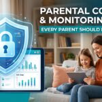 Parent using a parental control and monitoring app to protect a child's smartphone activity.