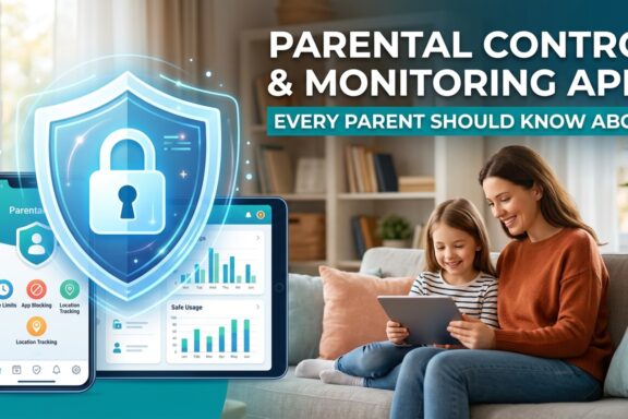 Parent using a parental control and monitoring app to protect a child's smartphone activity.