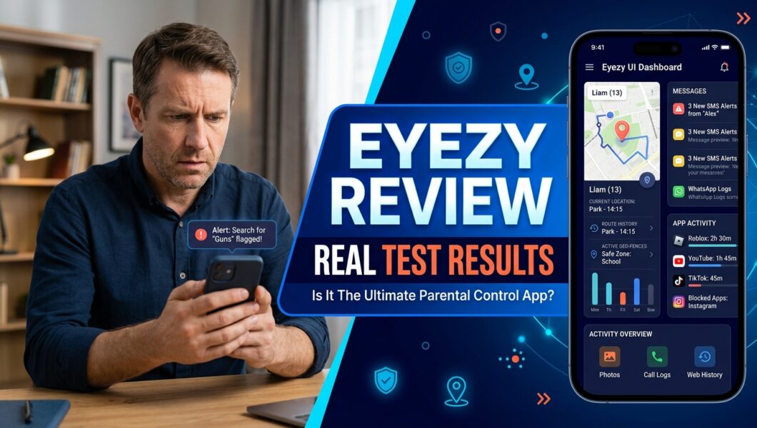 A worried man checks his phone next to an Eyezy parental control review graphic.