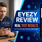 A worried man checks his phone next to an Eyezy parental control review graphic.