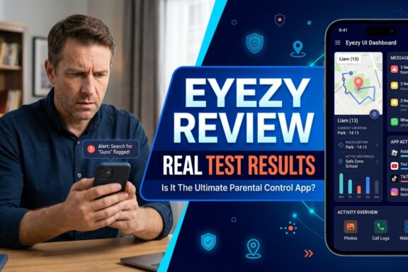 A worried man checks his phone next to an Eyezy parental control review graphic.