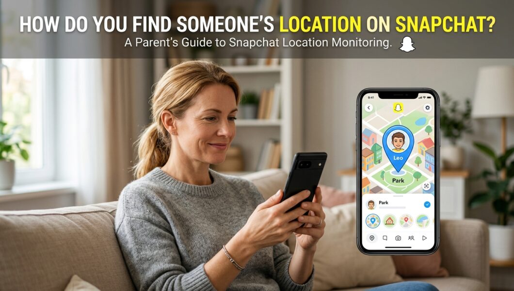 A woman smiles while looking at her smartphone, which displays a mock-up of a Snapchat map location tracking interface.