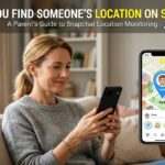 A woman smiles while looking at her smartphone, which displays a mock-up of a Snapchat map location tracking interface.
