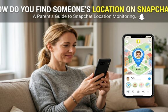 A woman smiles while looking at her smartphone, which displays a mock-up of a Snapchat map location tracking interface.