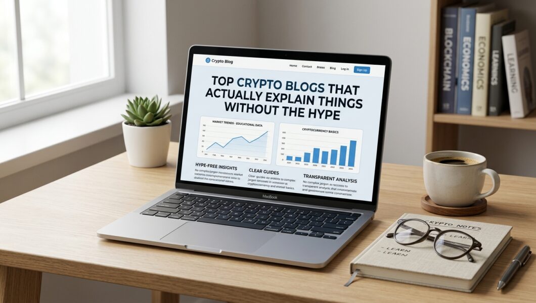 A laptop displaying a cryptocurrency blog sits on a wooden desk alongside a notebook, glasses, coffee, and books.