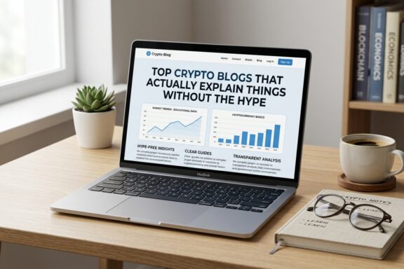 A laptop displaying a cryptocurrency blog sits on a wooden desk alongside a notebook, glasses, coffee, and books.