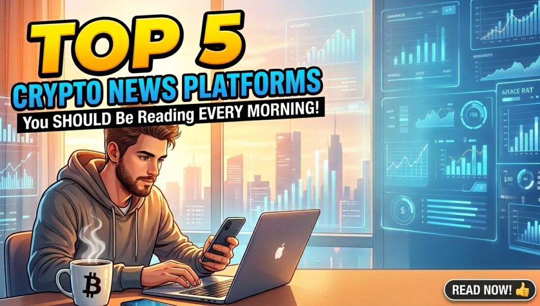 An illustrated man using a smartphone and laptop at a desk with digital cryptocurrency charts and a city skyline background.