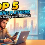 An illustrated man using a smartphone and laptop at a desk with digital cryptocurrency charts and a city skyline background.