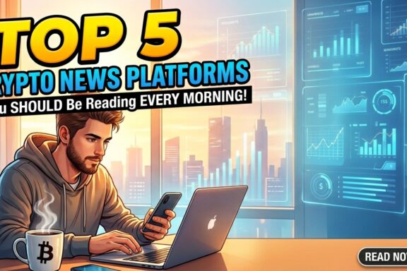 An illustrated man using a smartphone and laptop at a desk with digital cryptocurrency charts and a city skyline background.